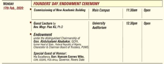 PAMO University of Medical Sciences (PUMS) 1st Founders' Day Ceremony Schedule